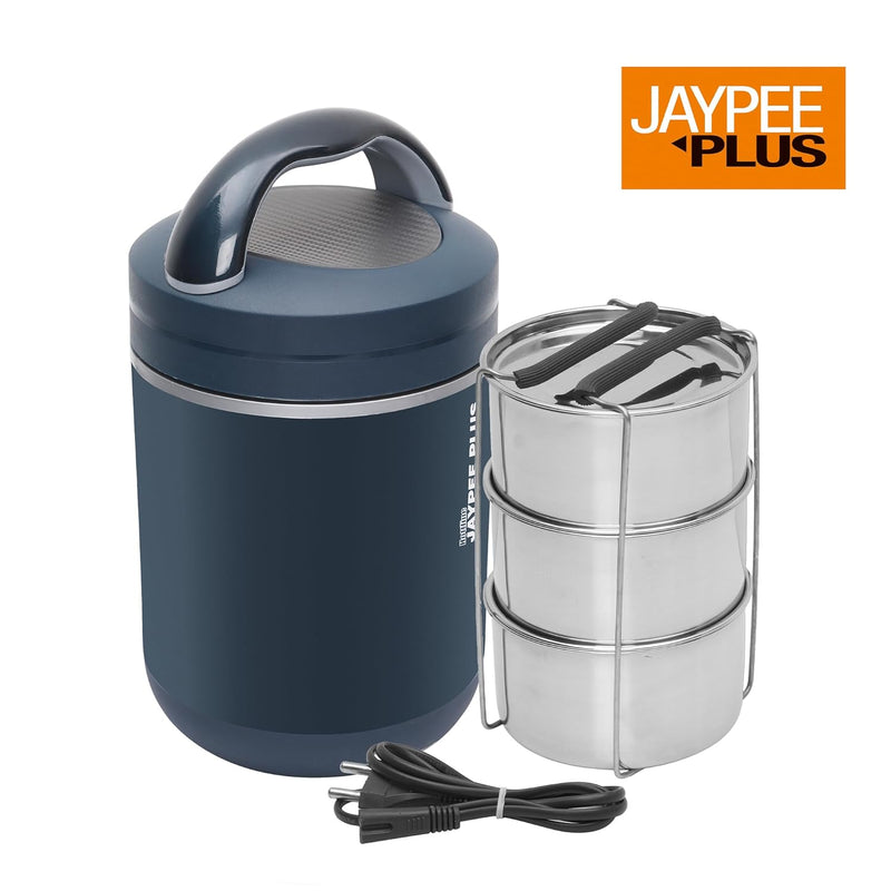 Jaypee Plus Hottline Electric Lunch Box 3-Container | Stainless Steel Tiffin Box for Office & Travel | Shockproof, BPA Free, Reheat Food in 30 Min, 1.5L | Men & Women | Dark Blue