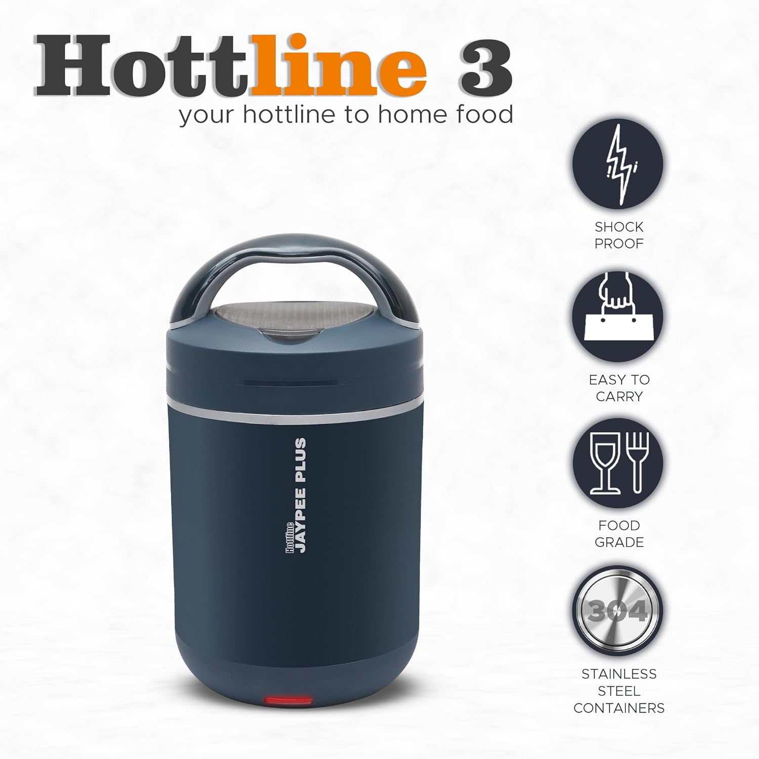 Jaypee Plus Hottline Electric Lunch Box 3-Container | Stainless Steel Tiffin Box for Office & Travel | Shockproof, BPA Free, Reheat Food in 30 Min, 1.5L | Men & Women | Dark Blue