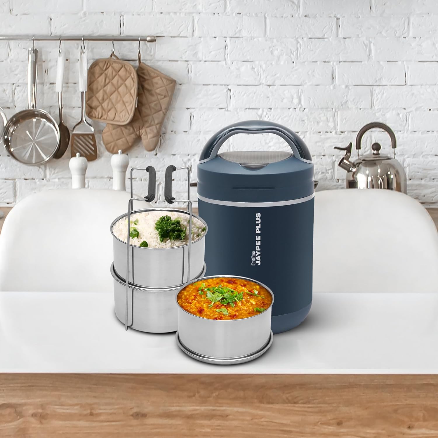 Jaypee Plus Hottline Electric Lunch Box 3-Container | Stainless Steel Tiffin Box for Office & Travel | Shockproof, BPA Free, Reheat Food in 30 Min, 1.5L | Men & Women | Dark Blue