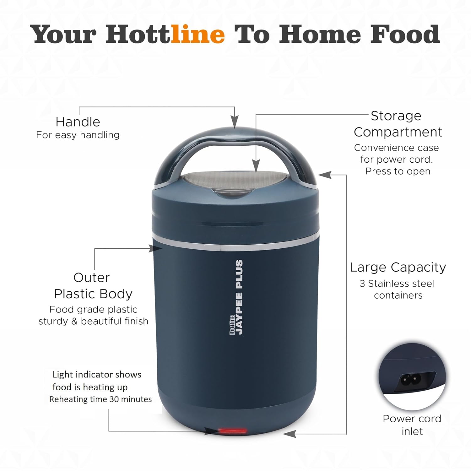 Jaypee Plus Hottline Electric Lunch Box 3-Container | Stainless Steel Tiffin Box for Office & Travel | Shockproof, BPA Free, Reheat Food in 30 Min, 1.5L | Men & Women | Dark Blue