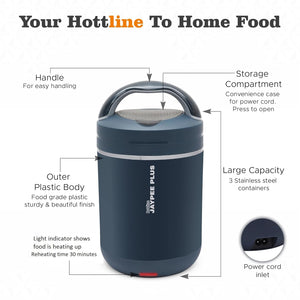 Jaypee Plus Hottline Electric Lunch Box 3-Container | Stainless Steel Tiffin Box for Office & Travel | Shockproof, BPA Free, Reheat Food in 30 Min, 1.5L | Men & Women | Dark Blue